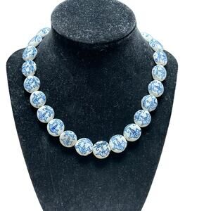 Blue White Porcelain Bead Necklace Chinese‎ Longevity Bat Design 18” Chinoiserie